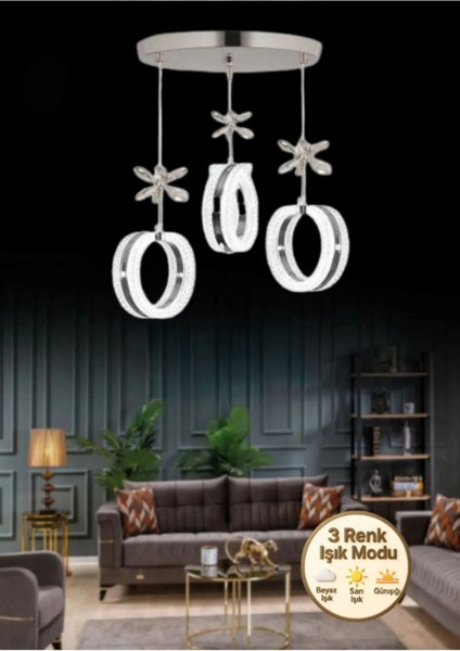 Aurea Model 3’lü Kristal Taşlı Gümüş 3 Renk Modu Ledli Salon Mutfak Oturma Odası Sarkıt LED Avize
