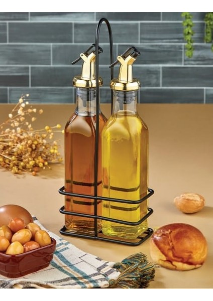 2'li Cam Zeytinyağlık & Sirkelik Seti – Metal Standlı, Şık Tasarım (250ML) Yağlık - Yağdanlık