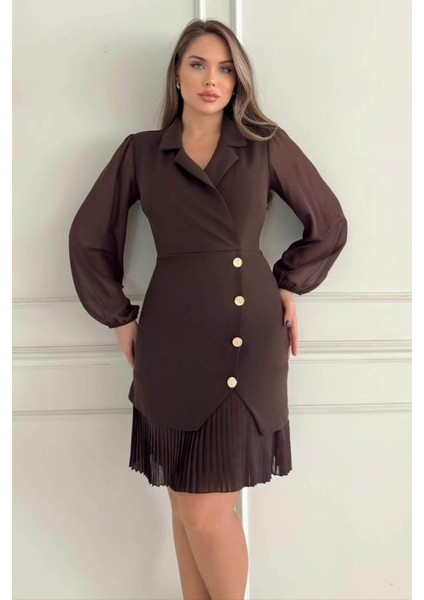 Kruvaze Blazer Şifon Uzun Kol Altın Düğmeli Plise Detaylı Midi Elbise (Kırmızı/siyah/kahve) 2665