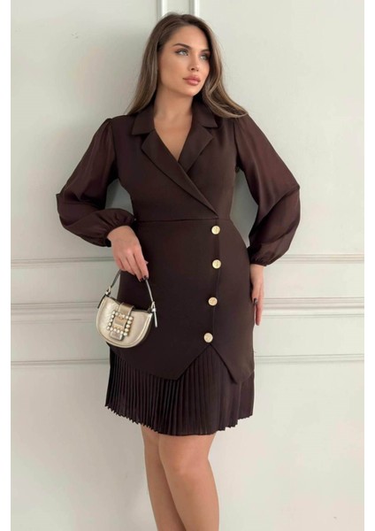 Kruvaze Blazer Şifon Uzun Kol Altın Düğmeli Plise Detaylı Midi Elbise (Kırmızı/siyah/kahve) 2665 modelleri