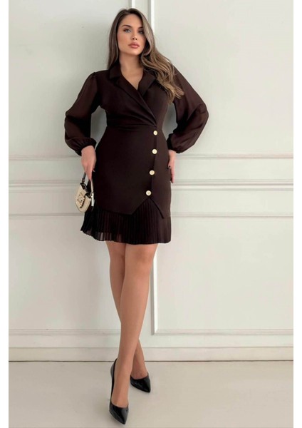 Kruvaze Blazer Şifon Uzun Kol Altın Düğmeli Plise Detaylı Midi Elbise (Kırmızı/siyah/kahve) 2665 fırsatları