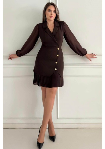 Kruvaze Blazer Şifon Uzun Kol Altın Düğmeli Plise Detaylı Midi Elbise (Kırmızı/siyah/kahve) 2665 fiyatları