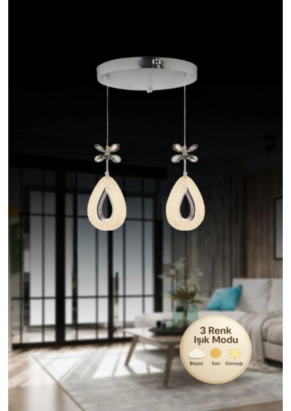 Damla Model 2'li Gümüş 3 Renk Modu Ledli Kristal Taşlı Modern Salon Mutfak Oturma Odası LED Avize