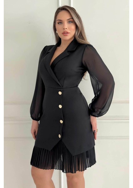 Kruvaze Blazer Şifon Uzun Kol Altın Düğmeli Plise Detaylı Midi Elbise (Kırmızı/siyah/kahve) 2665 fırsatları