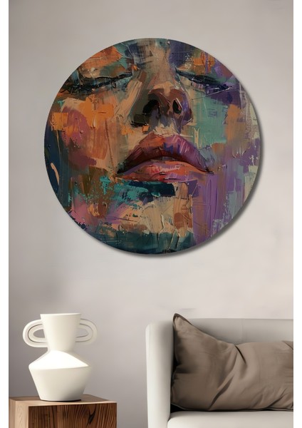 Renkli Soyut Kadın Portresi Ahşap Mdf Dekoratif Işyeri Duvar Tablo Yuvarlak Işyeri Duvar Tablo