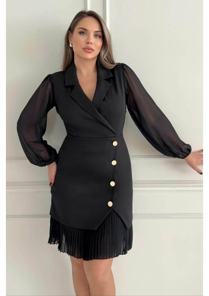 Kruvaze Blazer Şifon Uzun Kol Altın Düğmeli Plise Detaylı Midi Elbise (Kırmızı/siyah/kahve) 2665