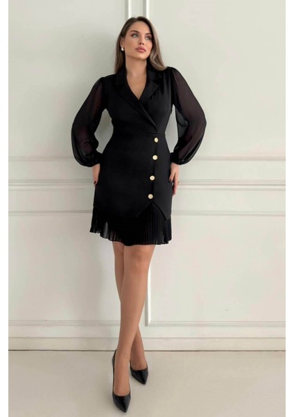 Kruvaze Blazer Şifon Uzun Kol Altın Düğmeli Plise Detaylı Midi Elbise (Kırmızı/siyah/kahve) 2665 fiyatları