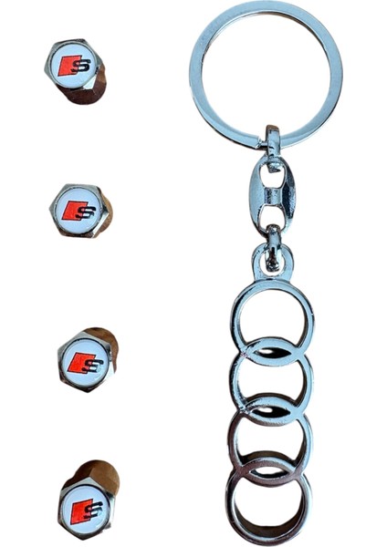 Audı S Logo 4 Adet Alüminyum Sibop Kapak ve Audı Logolu Metal Anahtarlık