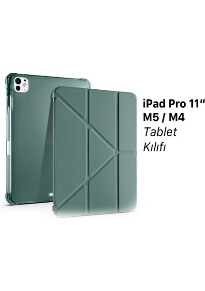 iPad Pro 11" M5 2025/M4 2024 Uyumlu Kılıf Üçe Katlanan Kalem Bölmeli Standlı Tablet Kılıfı Uyandırma Özellikli