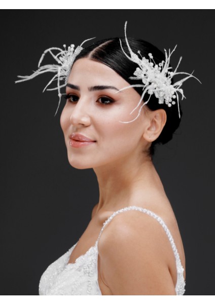 Inci ve Tüy Detaylı Gelin, Nişan ve Özel Davet Saç Aksesuarı