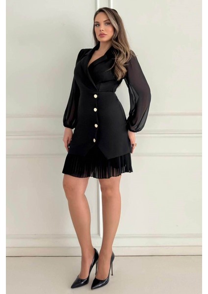 Kruvaze Blazer Şifon Uzun Kol Altın Düğmeli Plise Detaylı Midi Elbise (Kırmızı/siyah/kahve) 2665 indirimleri