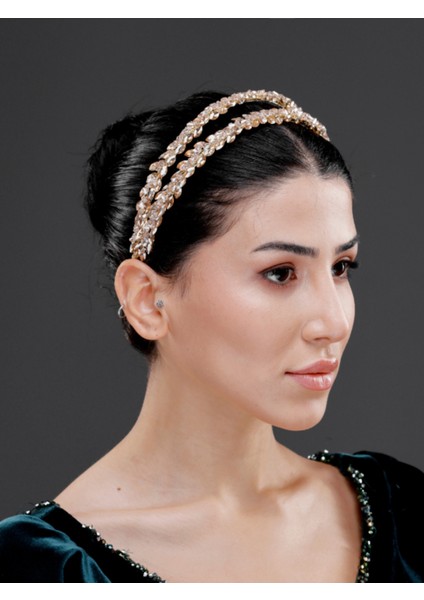 Işıltılı Taş Detaylı Çift Sıra Şık Taç – Gelin, Nişan, Özel Gün ve Davet Saç Aksesuarı
