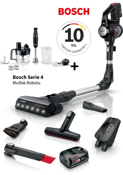 Çift Bataryalı 10 Yıl Motor Garantili Alman Kalitesi LED Başlıklı Başlıklı Süpürge + Bosch Serie 4 Mutfak Robotu