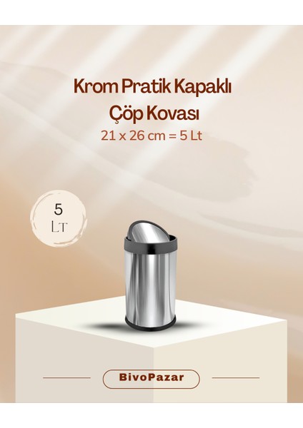 Krom Pratik Döner Kapaklı Çöp Kovası 5 Lt