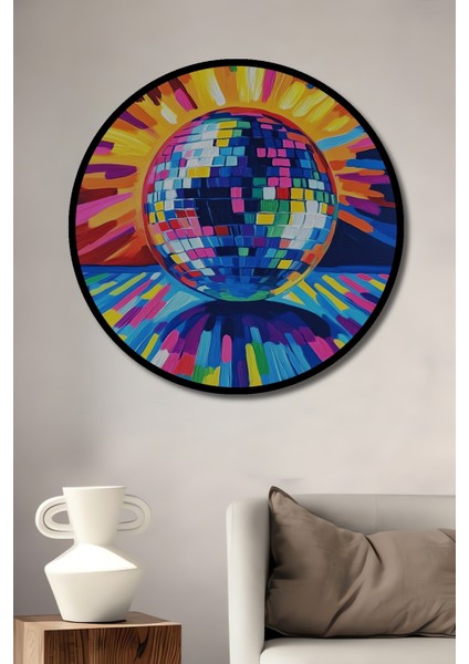 Çerçeve Görünümlü Renkli Disco Topu Ahşap Mdf Dekoratif Ev Duvar Tablo Yuvarlak Ev Duvar Tablo