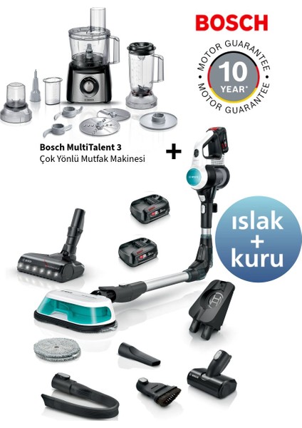 BCS71HYG1 2'si 1 Arada Islak ve Kuru Temizlik, Çift Batarya 10 Yıl Motor Garantisi + Bosch Multitalent 3 Mutfak Robotu