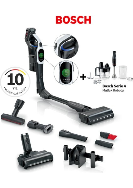 Premium Çift Bataryalı 160DK Temizlik Unlimited 10 Premium BCS104 Şarjlı Dikey Süpürge+ Bosch Serie 4 Mutfak Robotu