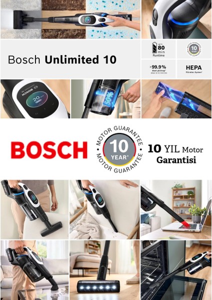 Premium Çift Bataryalı 160DK Temizlik Unlimited 10 Premium BCS104 Şarjlı Dikey Süpürge+ Bosch Serie 4 Mutfak Robotu