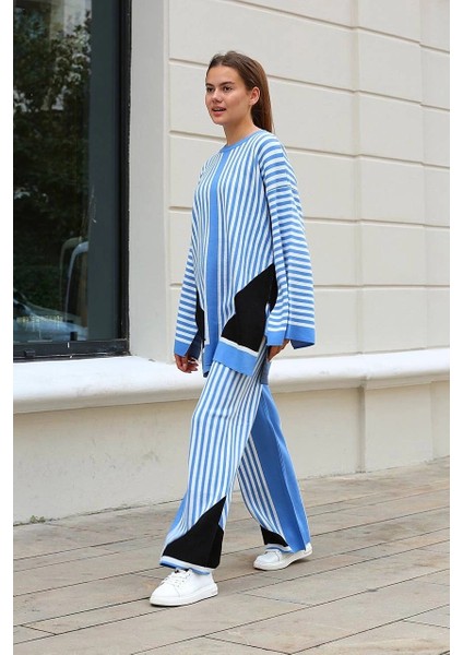 Çizgili Bisiklet Yaka Triko Takım Mavi modelleri