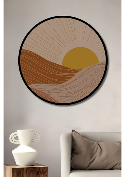 Çerçeve Görünümlü Soyut Güneş Dalgalı Ahşap Mdf Dekoratif Ev Duvar Tablo Yuvarlak Ev Duvar Tablo