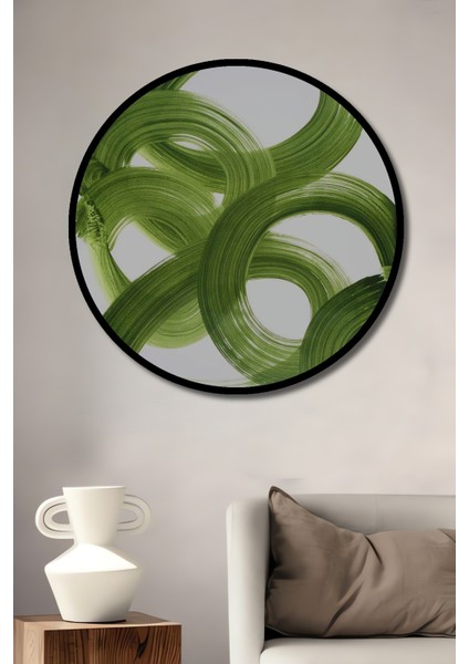 Çerçeve Görünümlü Spiral Yeşil Fırça Dekoratif Ahşap Mdf Ev Duvar Tablo Yuvarlak Ev Duvar Tablo