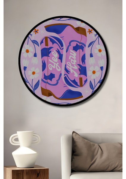 Çerçeve Görünümlü Çiçekli Kovboy Çizme Dekoratif Ahşap Mdf Ev Duvar Tablo Yuvarlak Ev Duvar Tablo