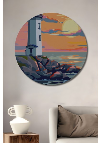 Fener Manzaralı Dekoratif Ahşap Mdf Ev/işyeri Duvar Tablo Yuvarlak Ev/işyeri Duvar Tablo