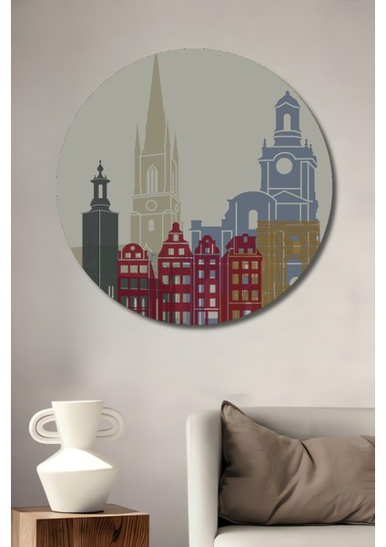 Stockholm Şehir Silueti Dekoratif Ahşap Mdf Ev/işyeri Duvar Tablo Yuvarlak Ev/işyeri Duvar Tablo