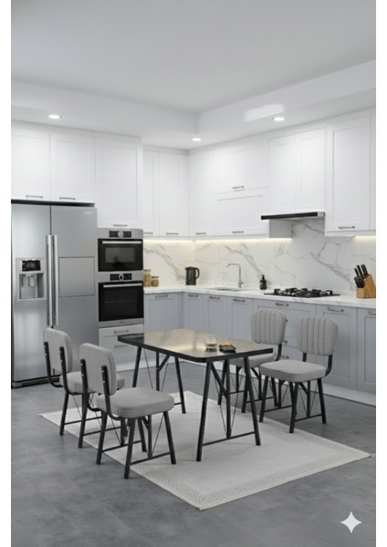 Elfin 70X110CM Sabit Siyah Yemek Masası, Yemek Masası Takımı, Mutfak Masası, 4 Gri Sandalye