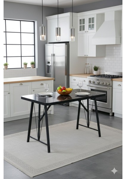 Elfin 70X110CM Sabit Siyah Yemek Masası, Yemek Masası Takımı, Mutfak Masası, 4 Gri Sandalye modelleri