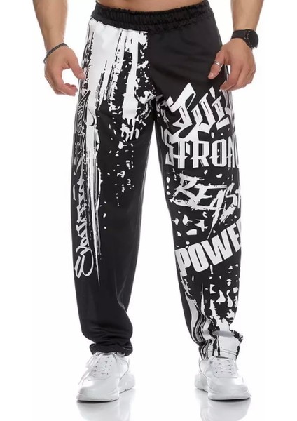 Büyük Beden Özel Tasarım Graffiti Baskılı Sokak Modası Kışlık Düz Paça Hip Hop Yarı Şalvar Erkek Eşofman Altı