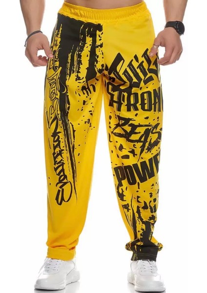 Büyük Beden Özel Tasarım Graffiti Baskılı Sokak Modası Kışlık Düz Paça Hip Hop Yarı Şalvar Erkek Eşofman Altı