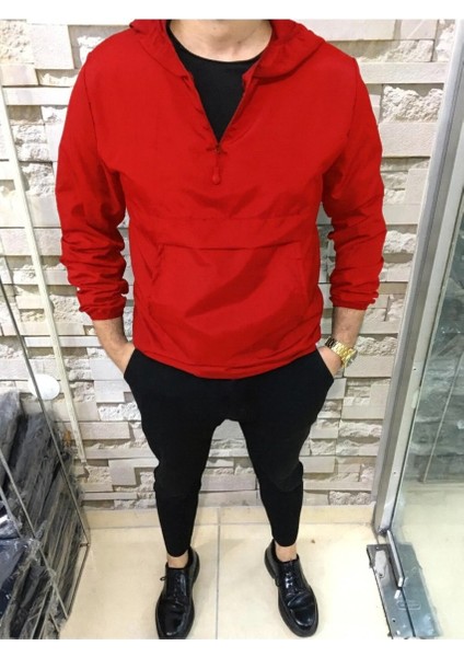 Erkek Fermuarlı Astarsız Kanguru Cep Kırmızı Yağmurluk