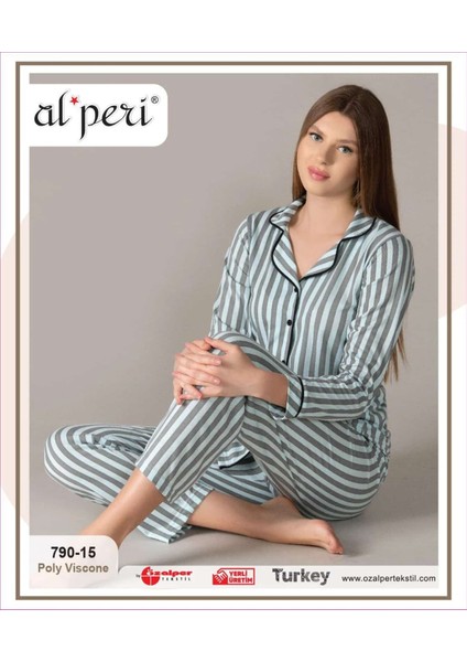 790-15 Düğmeli Bayan Uzun Kollu Pijama Takımı