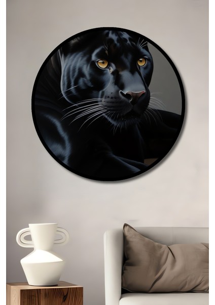 Çerçeve Görünümlü Kara Panter Asaletli Dekoratif Ahşap Mdf Ev Duvar Tablo Yuvarlak Ev Duvar Tablo