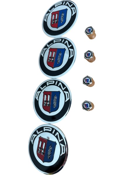 Alpına Logo 56 mm Alüminyum Jant Göbek Stıcker ve 4 Adet Alüminyum Logolu Sibop Kapak