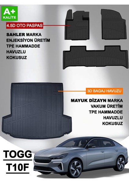 Sahler Togg T10F Sedan 2025+ 4.5d Premium Havuzlu Oto Paspas ve Myk 3D Premium Yumuşak Bagaj Havuzu Seti