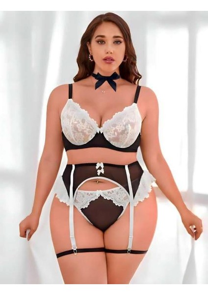 Büyük Beden Siyah Beyaz Dantel Işlemeli Fantezi Jartiyer Takımı fiyatları