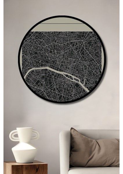 Çerçeve Görünümlü Paris Haritası Ahşap Mdf Dekoratif Ev Duvar Tablo Yuvarlak Ev Duvar Tablo