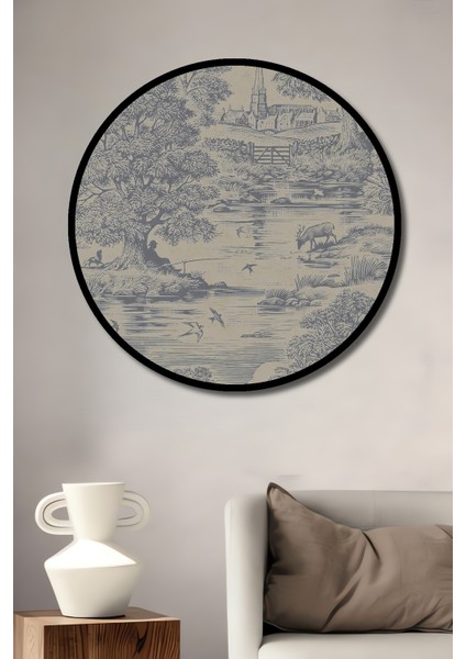 Çerçeve Görünümlü Kır Manzaralı Dekoratif Ahşap Mdf Ev Duvar Tablo Yuvarlak Ev Duvar Tablo