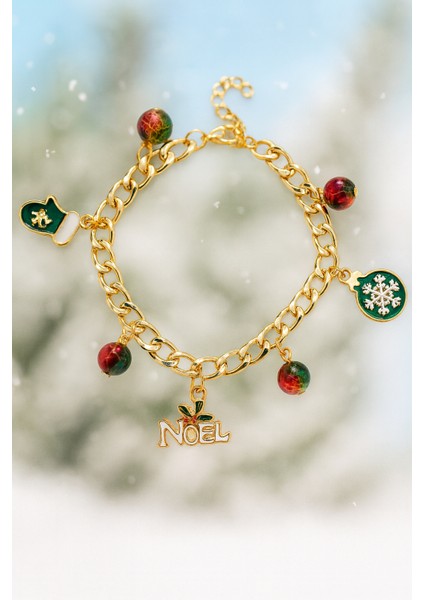 Göksunun Izi Altın Kaplama Noel Temalı Çelik Charm Bileklik Renkli Boncuk ve Kar Tanesi Detaylı modelleri