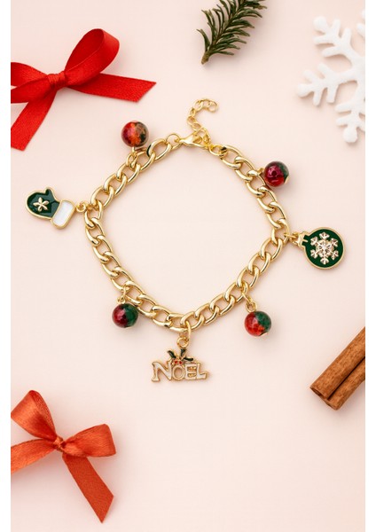 Göksunun Izi Altın Kaplama Noel Temalı Çelik Charm Bileklik Renkli Boncuk ve Kar Tanesi Detaylı