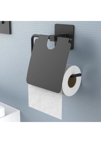 ® Kendiliğinden Yapışkanlı Siyah Paslanmaz Metal Kapaklı Tuvalet Kağıtlığı Aparatı