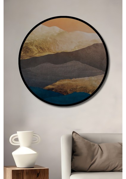 Çerçeve Görünümlü Renkli Dağ Manzaralı Dekoratif Ahşap Mdf Ev Duvar Tablo Yuvarlak Ev Duvar Tablo