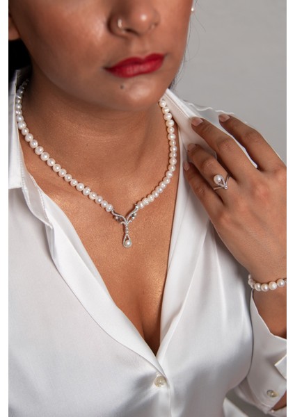 Incisi Dışında 925 Ayar Gümüş Rodyum (Beyaz Altın) Kaplama Gerçek Inci Set