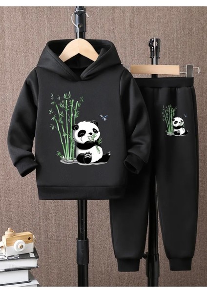 Özel Tasarım Kapüşonlu Sevimli Miskin Panda Baskılı %100 Pamuk Kışlık Erkek Çocuk Eşofman Takımı