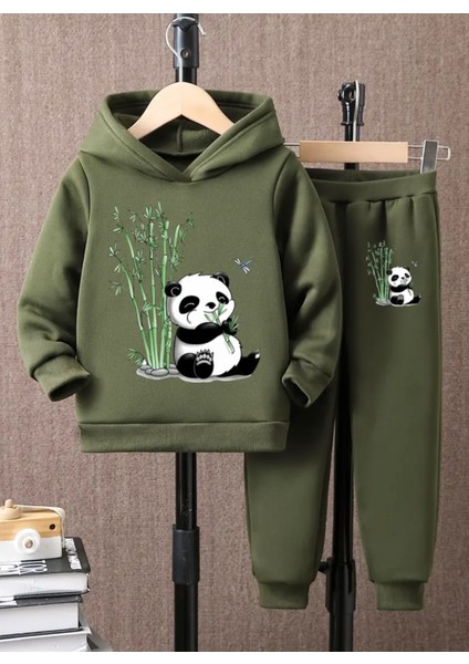 Özel Tasarım Kapüşonlu Sevimli Miskin Panda Baskılı %100 Pamuk Kışlık Erkek Çocuk Eşofman Takımı