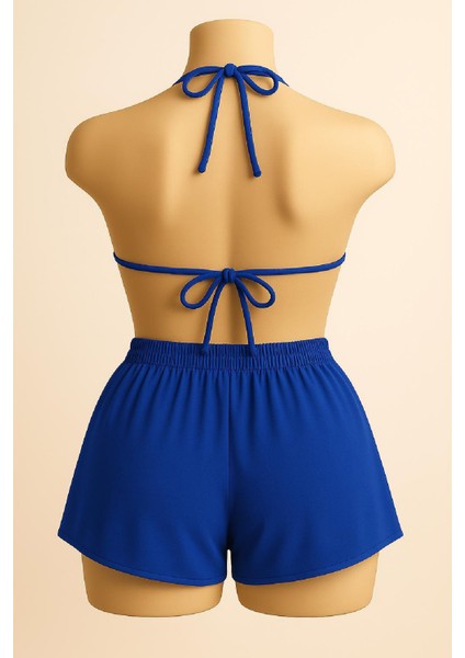 Kadın Mavi Şortlu Belden ve Boyundan Bağlamalı Bikini Takımı fiyatları