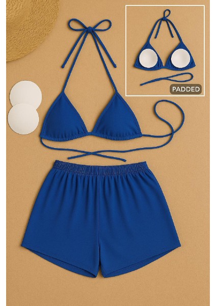 Kadın Mavi Şortlu Belden ve Boyundan Bağlamalı Bikini Takımı modelleri
