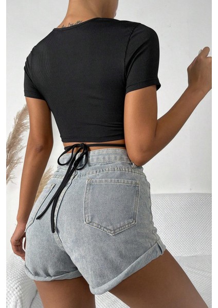 Kadın Siyah Yarım Kol Çapraz Bağlamalı Crop Top Bluz fiyatları
